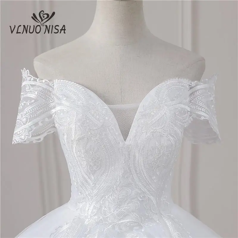 Vlnuo Nisa Echt Video Neue Mode Off Shouder V Neck Plus Größe Hochzeit Kleid mit Hülse Lange Spitze Appliques Braut kleid Nach