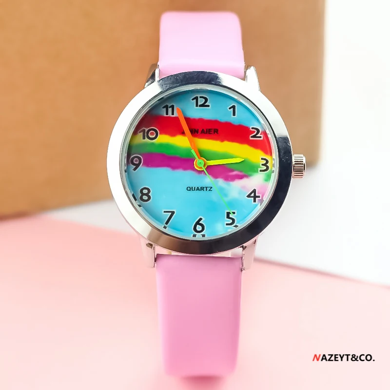 Little boys girls colorful PU leather watch children kids beauty rainbow dial easy learn time quartz Arabic no. gift clock