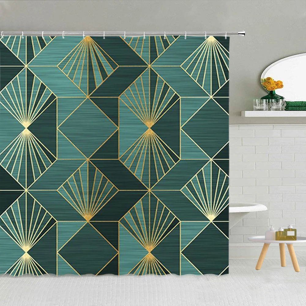 Geometric Pattern Colorful Shower Curtain Luxury Gold Waves Marble Texture Bathroom Decor Waterproof Fabric Cover Hooks Curtains