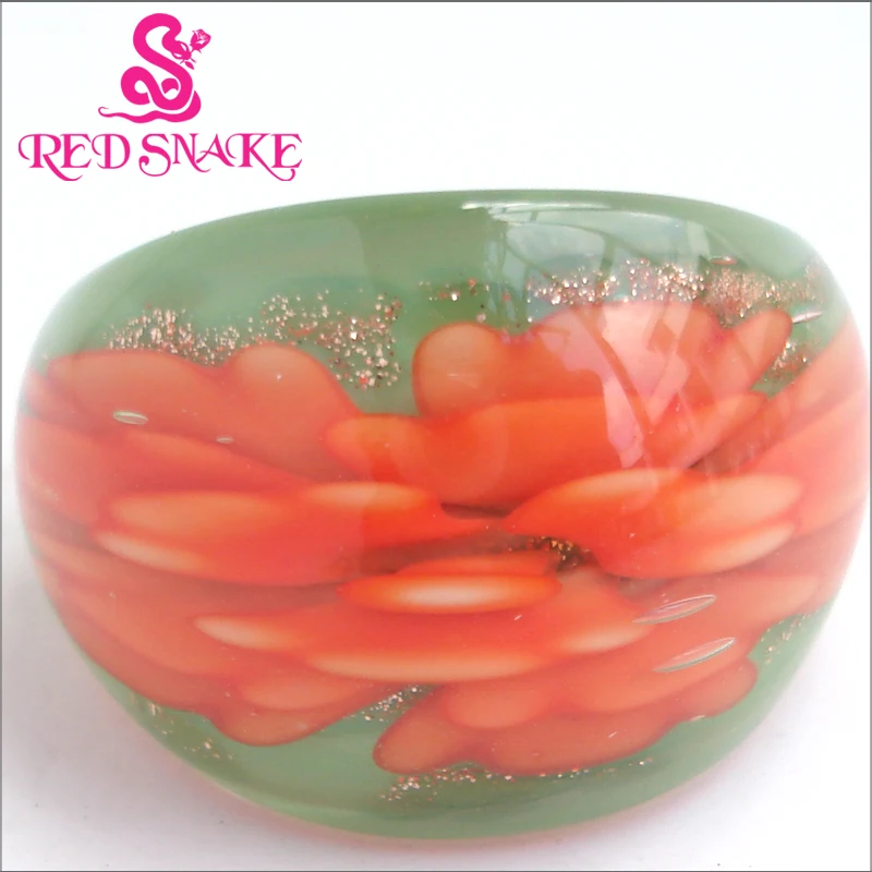 RED SNAKE Fashion Ring Handmade Green Base Orange red flower Drawing Murano Glass Rings