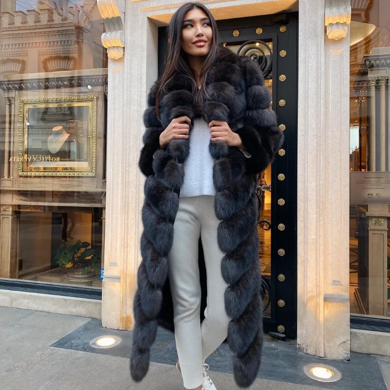 

2022 Winter New 130 Cm Sable Color Real Fur Coat Woemn Luxury Lapel Strip Sewed Outertwear Genuine Fox Fur Jacket Female