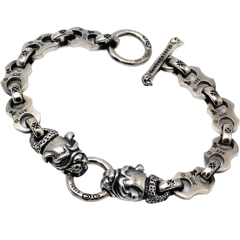 

Real S925 Sterling Silver Men's and Women's Double Bulldog Dog Head Bracelet