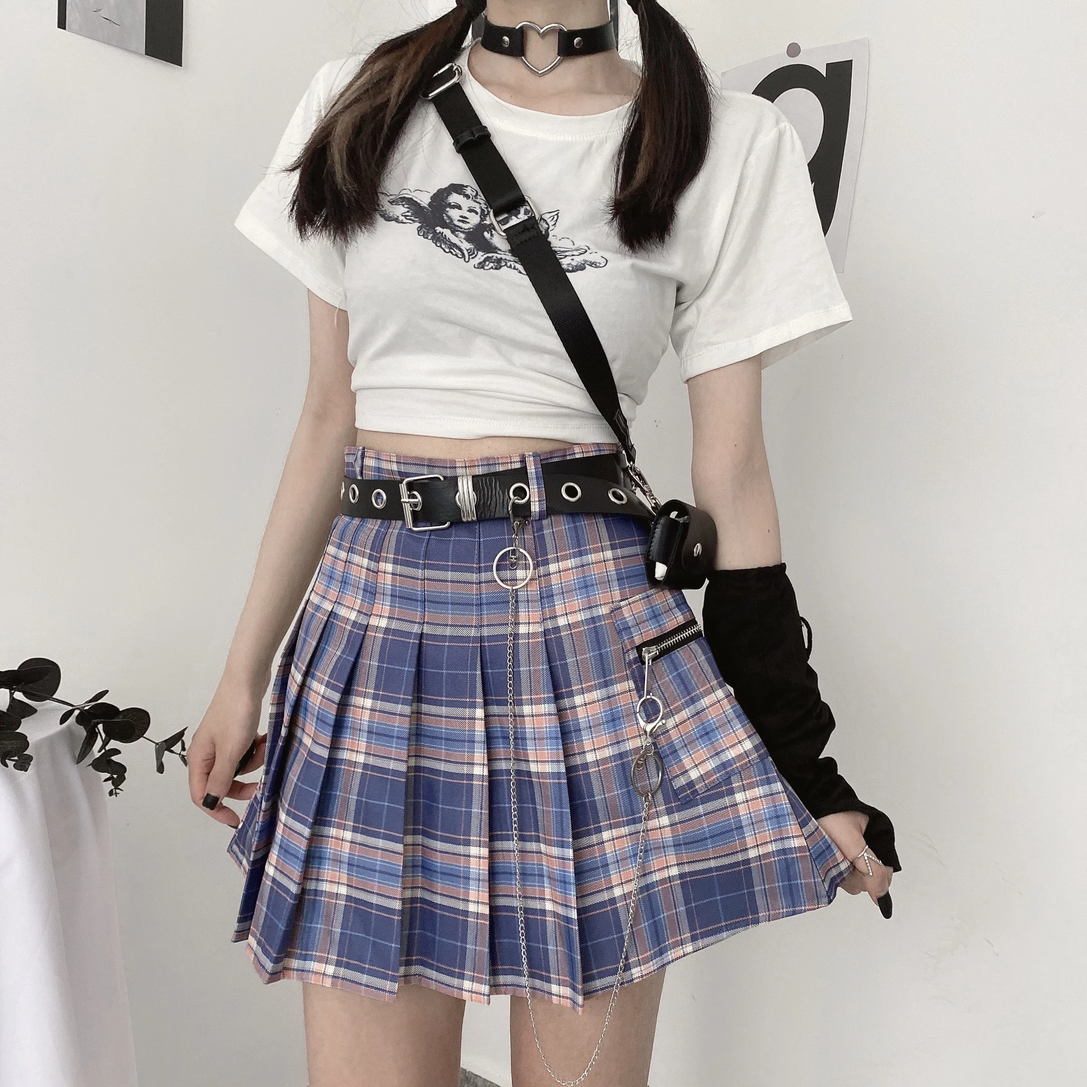 Women\'s Summer 2020 New High Waist Slimming Tooling Style Cool Chain Plaid a Pleated Short Skirt japanese school skirt