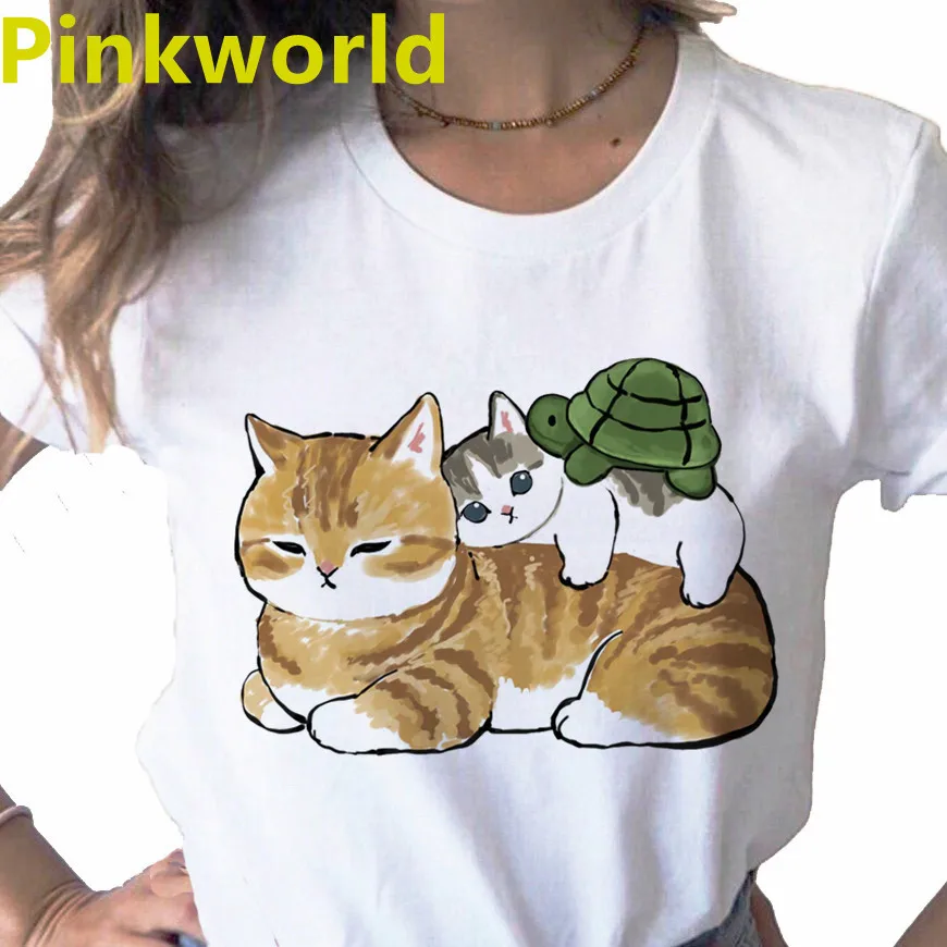 Summer New Fashion Funny Cat Cartoon print ladies T-shirt ladie casual basis O-collar white shirt short sleeve T-shirt,Drop Ship