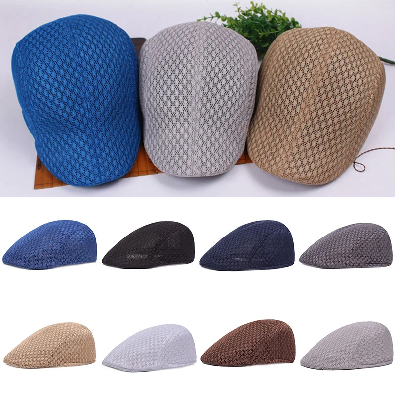 Unisex Casual Beret Hat Flat Cap Breathable Mesh Cap Newsboy Style Adjustable Summer Fashion Solid Color Black Hat For Men Women