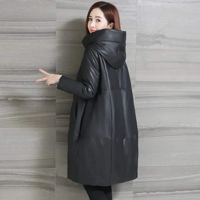 Women Parkas 2022 Winter Fashion Cotton-padded Jackets Female Long Hooded PU Leather Parkas Ladies Thick Warm Faux Leather Coats