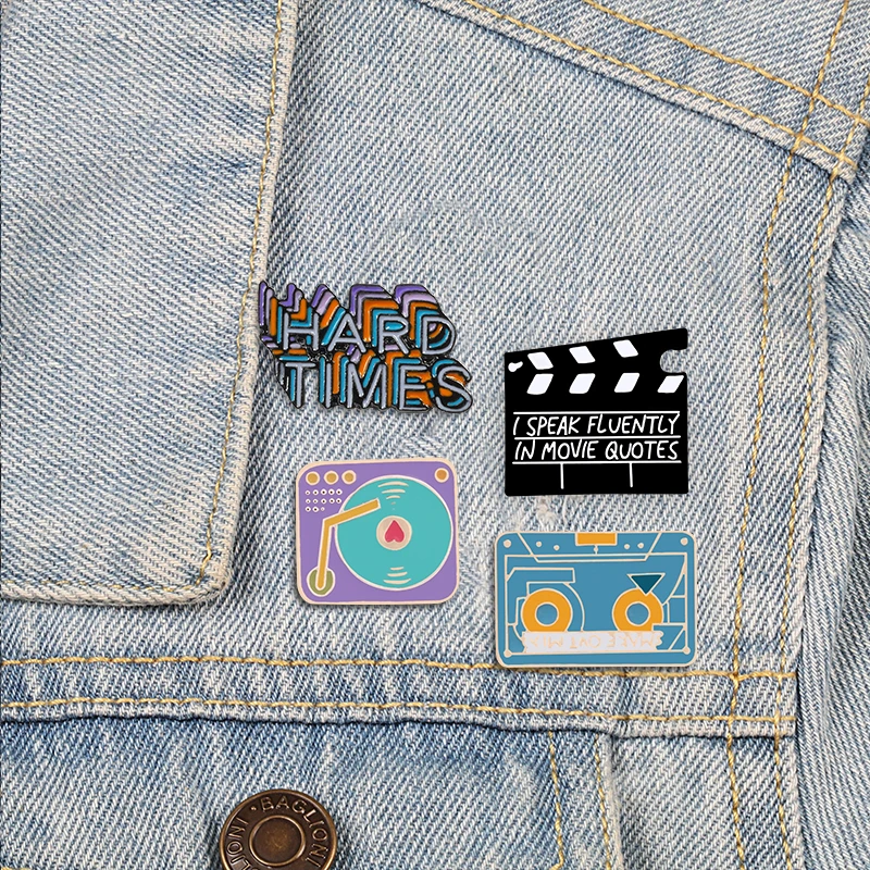 HARD TIME Letter Enamel Pin Music Tape Record Player Badge Movie Board Brooches Label Pins Jeans Jackets Creative Brooch Jewelry