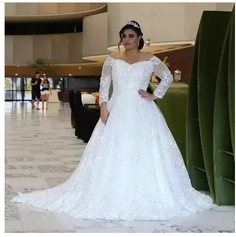 E JUE SHUNG Trắng Plus Kích Thước Váy Áo Cổ V Tay Dài Toàn Ren Appliques Dây Kéo Lưng Cô Dâu Váy Đầm Vestido de Noiva