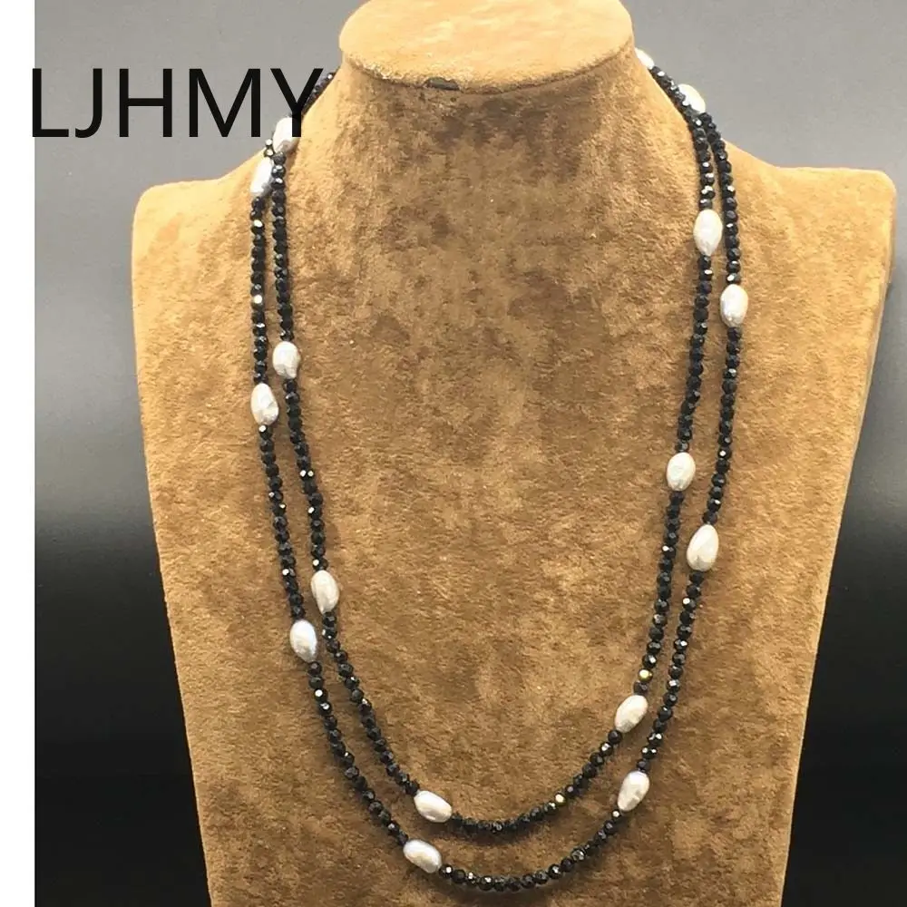 String Black Onyx Faceted Sparking  Real Freshwater Pearl Necklace Long 50 Inches  Punk  Layered Custom Necklace Women