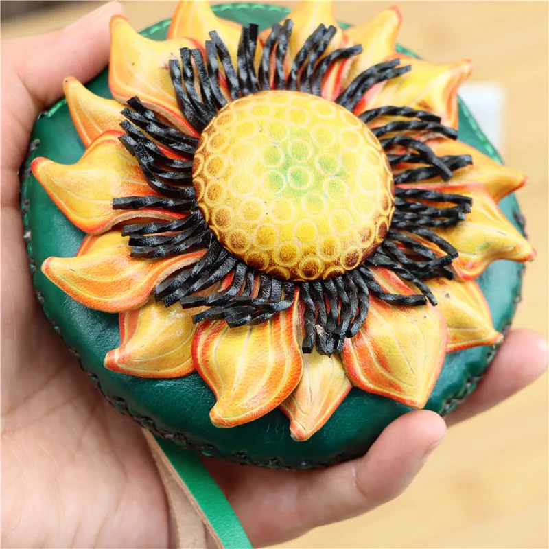 Leather small sunflower mini coin purse sun flower cowhide card bag key bag coin bag flower clutch bag children hand bag