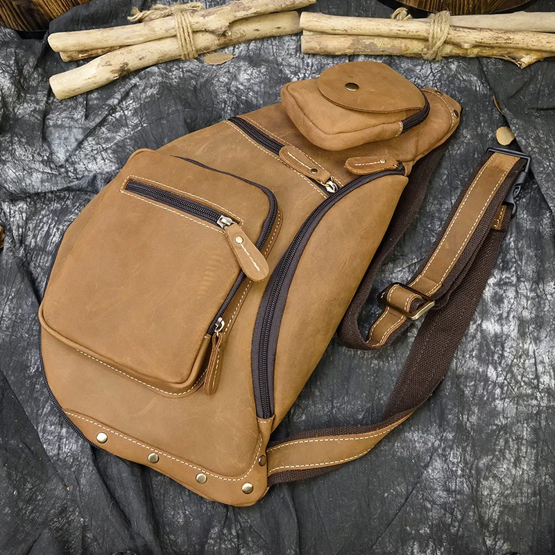 Big Chest Bag for Men Crazy Horse Leather Sling Bag Crossbody Bagpack Genuine Leather Casual Chest Packs Outdoor Sport Bag