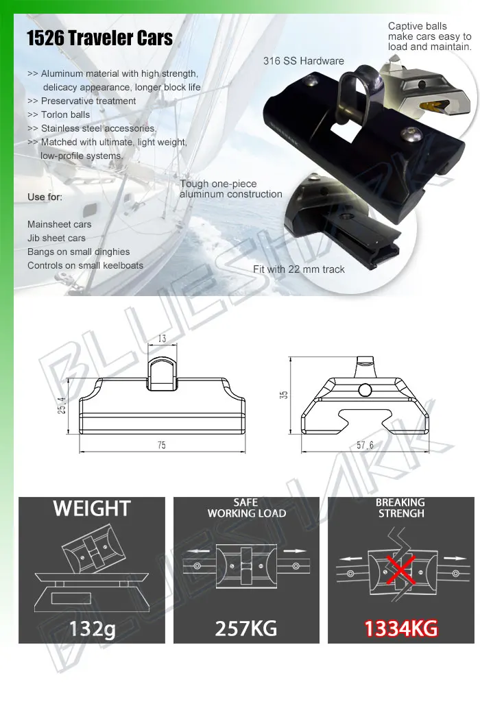 22mm Aluminum Traveler Track Car Marine Sailboat Hardware 75*57.6*25.4mm 1526