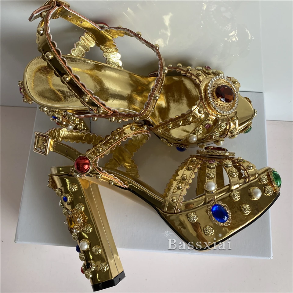 Luxury Diamond Chunky Heel Wedding Shoes Bridal High Platform Jeweled Rhinestone Ankle Strap Real Leather Sandals Women Summer