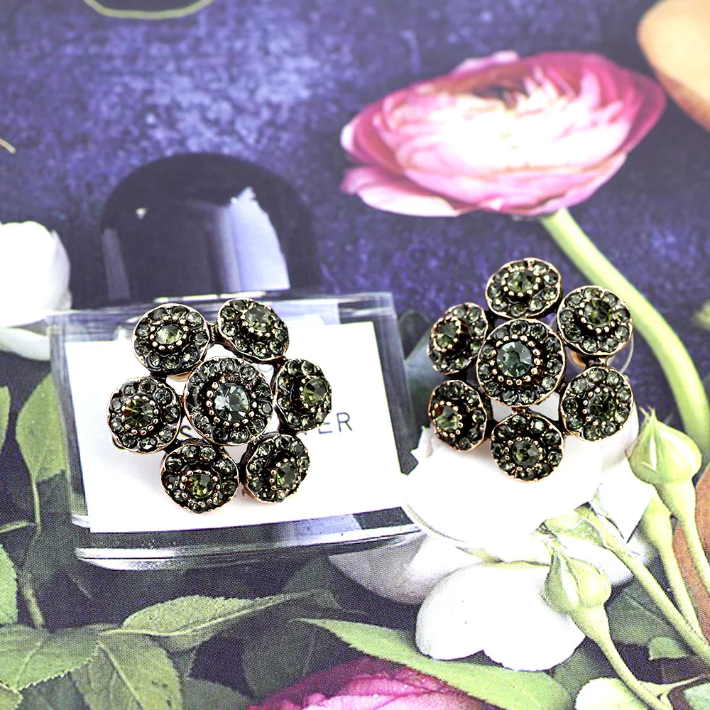 Sunspicems Full Gray Rhinestone Stud Earring for Women Turkish Design Antique Gold Color Ethnic Wedding Banquet Jewelry Gift