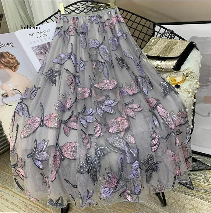 

Spring Summer Women Vintage Mesh A Line Sequined Floral Embroidery Pleated Skirts Female Elastic High Waist Skirt