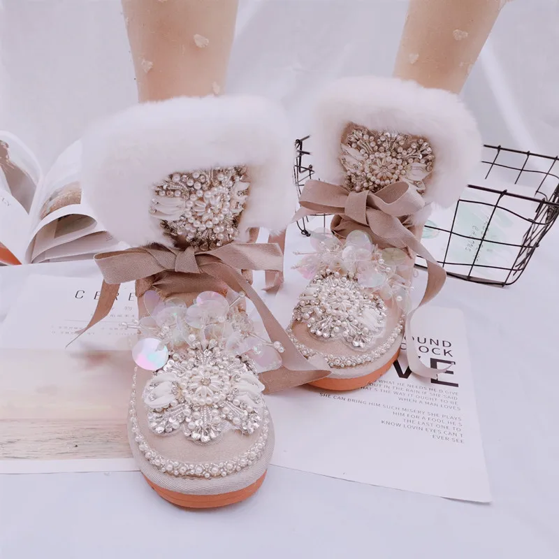 Pearl Bead Snow Boots Women Princess Rabbit Fur Warm Winter Boots 2023 Bling Rhinestone Crystal Ankle Booties Winter Shoes Woman