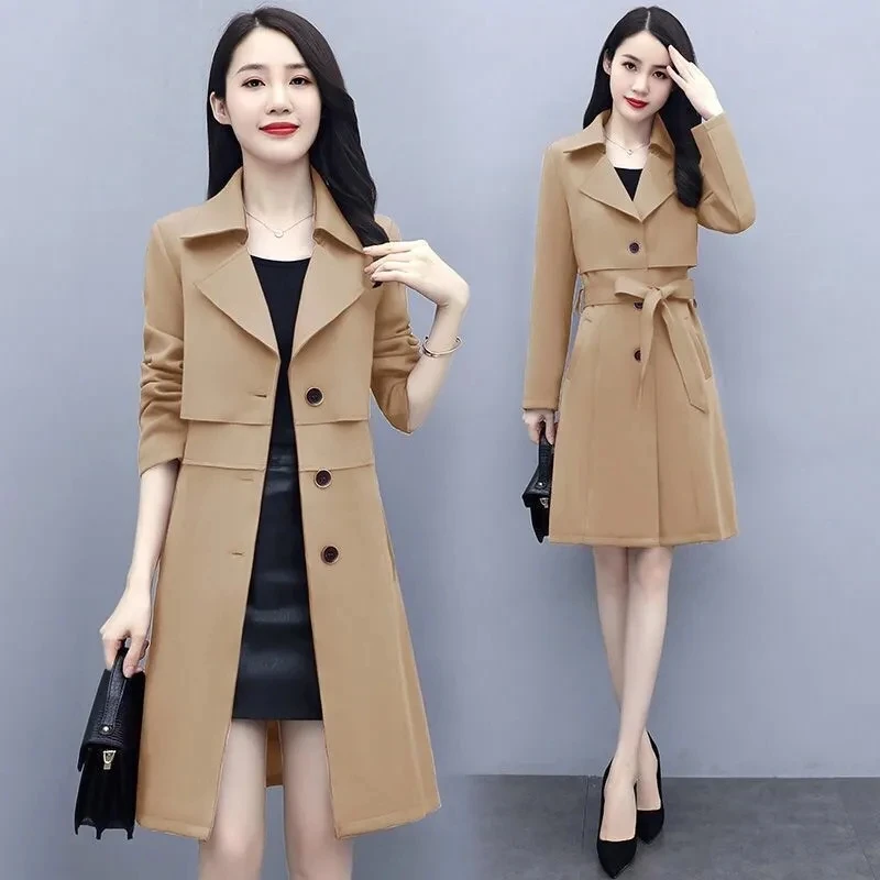 

Overcoat Parka Spring Autumn Lady Mid-length Windbreaker Coat Bandage Single Breasted Suit Collar Slim Women's Trench Jacket