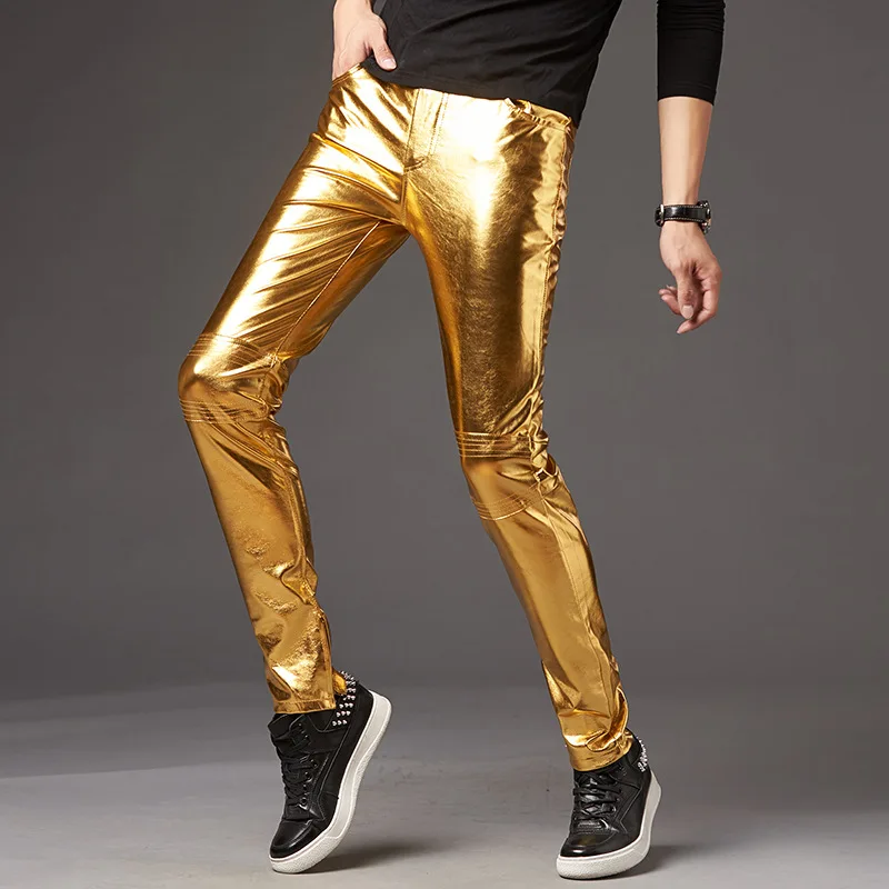 Mens Skinny Shiny Gold Silver Black Pu Leather Pants Motorcycle Men Nightclub Stage Pants for Singers Dancers Casual Trousers