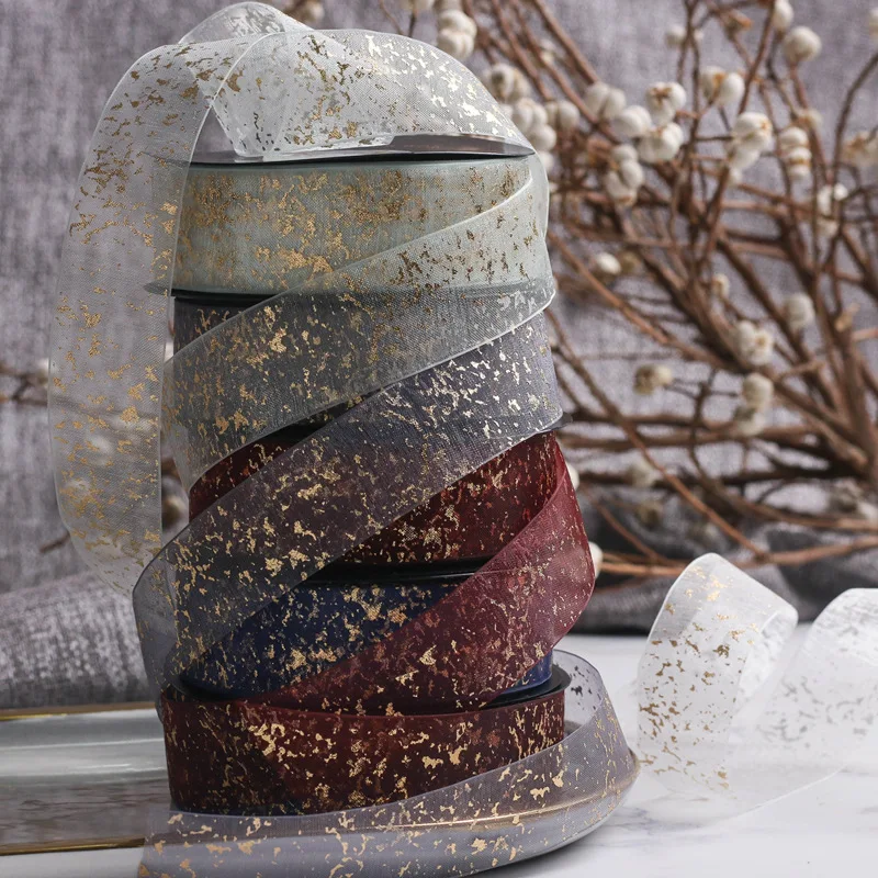 25mm/5Yards Bronzing Crack Snow yarn Ribbons Bouquet Cake Hair Bows Gifts Box Packaging Birthday Wedding Party Christmas Decor