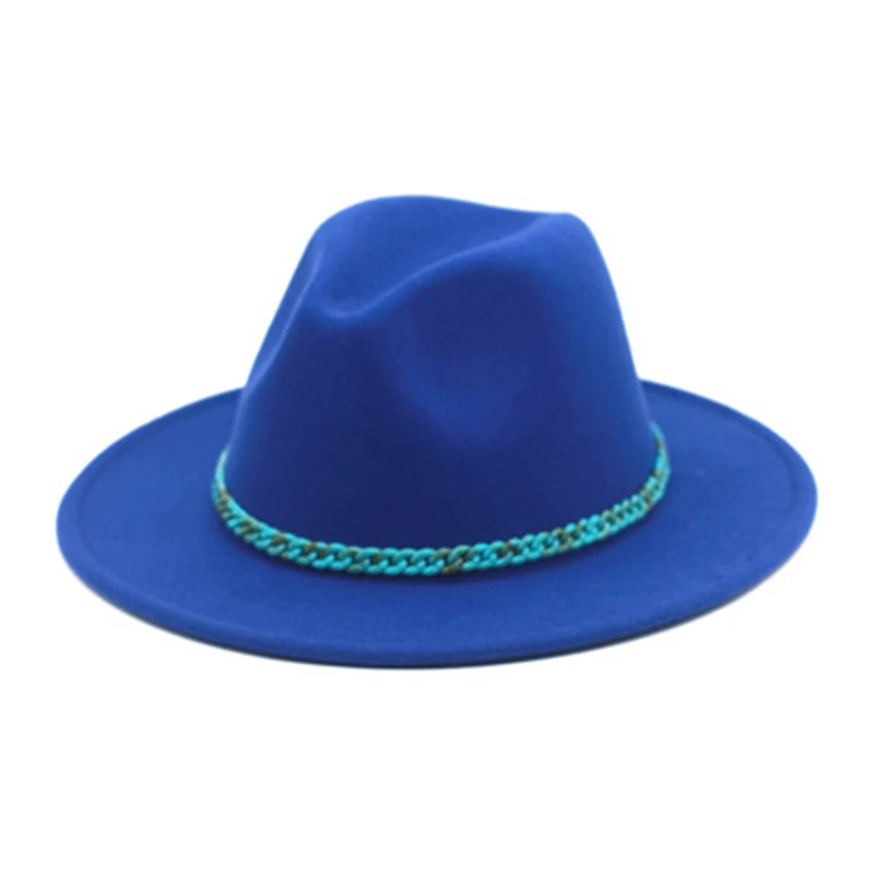 New turquoise chain woolen hat women's wide-brimmed fedora felt hat autumn and winter men's Panama jazz hat