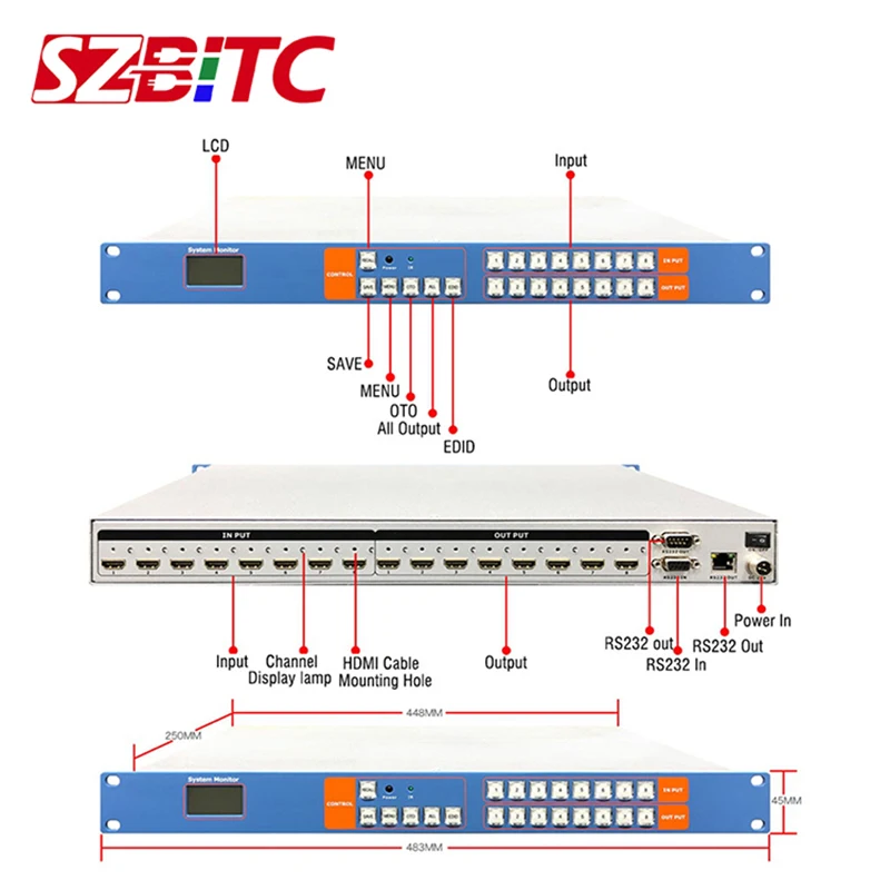 SZBITC 4K HDMI 8x8 Matrix Video HDMI Switch Switcher EDID RS232 TCP/IP with Remote Control 1U For Blu-ray DVD Projector