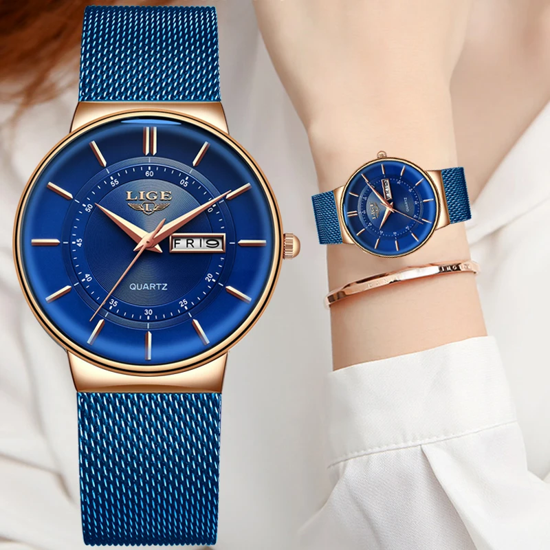 LIGE Women Watches Luxury Brand Ultra-thin Calendar Week Quartz Watch Ladies Clocks Mesh Stainless Steel Waterproof Reloj Mujer