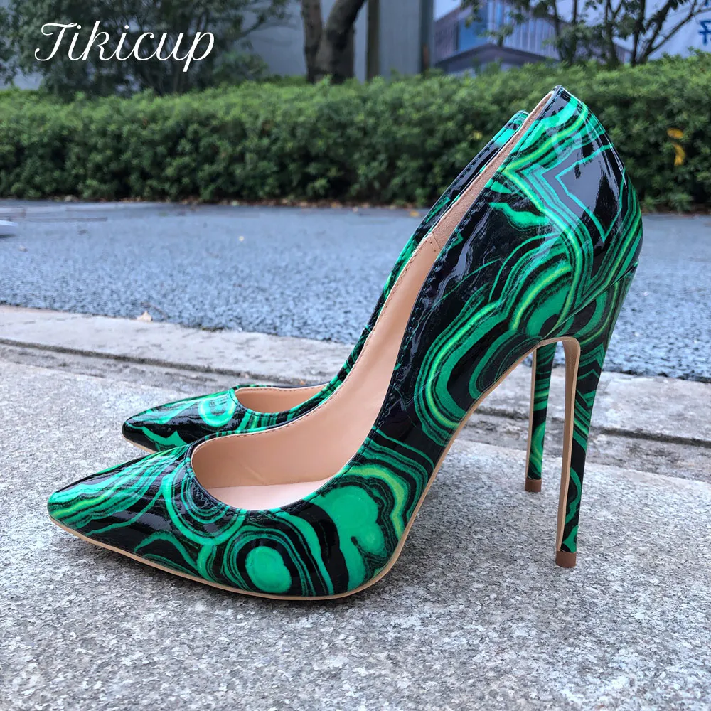 Tikicup Women Green Floral Print Patent Pumps Slip On Pointed Toe Stilettos Ladies Sexy Patterned High Heel Party Dress Shoes