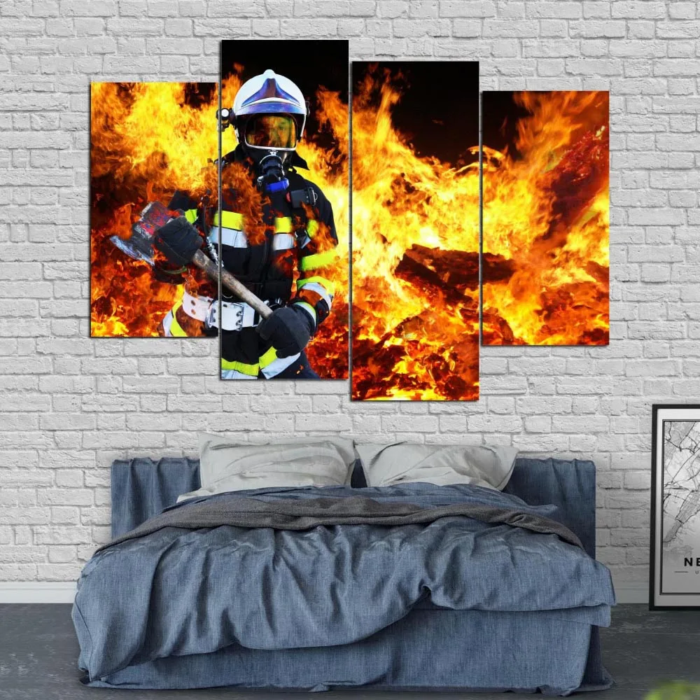 No Framed 4 Pieces Fireman In Fire Firefighter Wall Art Canvas Posters Pictures Paintings Home Decor Living Room Decorations