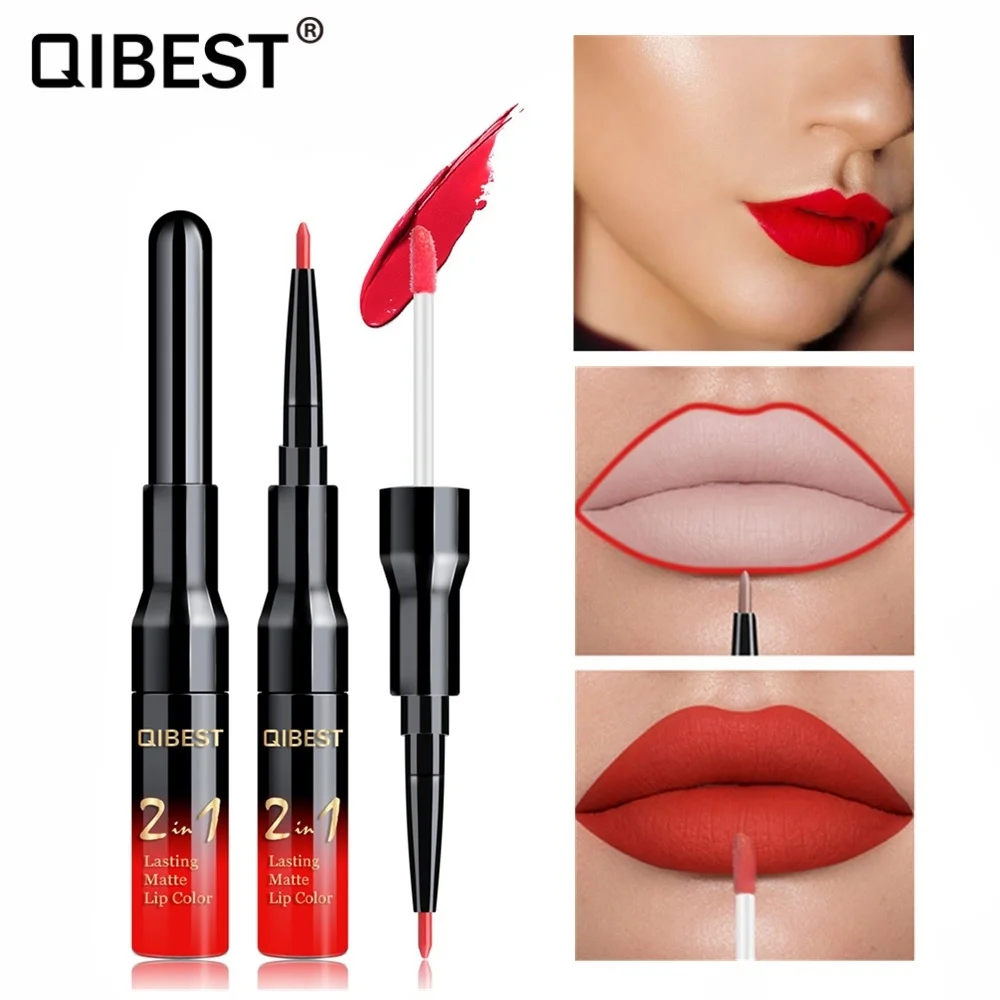 Qibest Double Head Lip Gloss Tint Liner กันน้ำ Nude แต่งหน้า Lipgloss ยาวนาน Matt สีม่วงสีแดง Liquid ลิปสติก