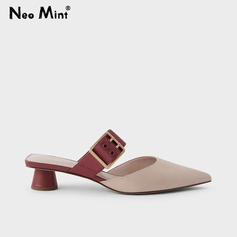 

2021 Summer Mules Shoes Women Square Buckles Heels Slippers Pointed Toe High Heeled Woman Sandals