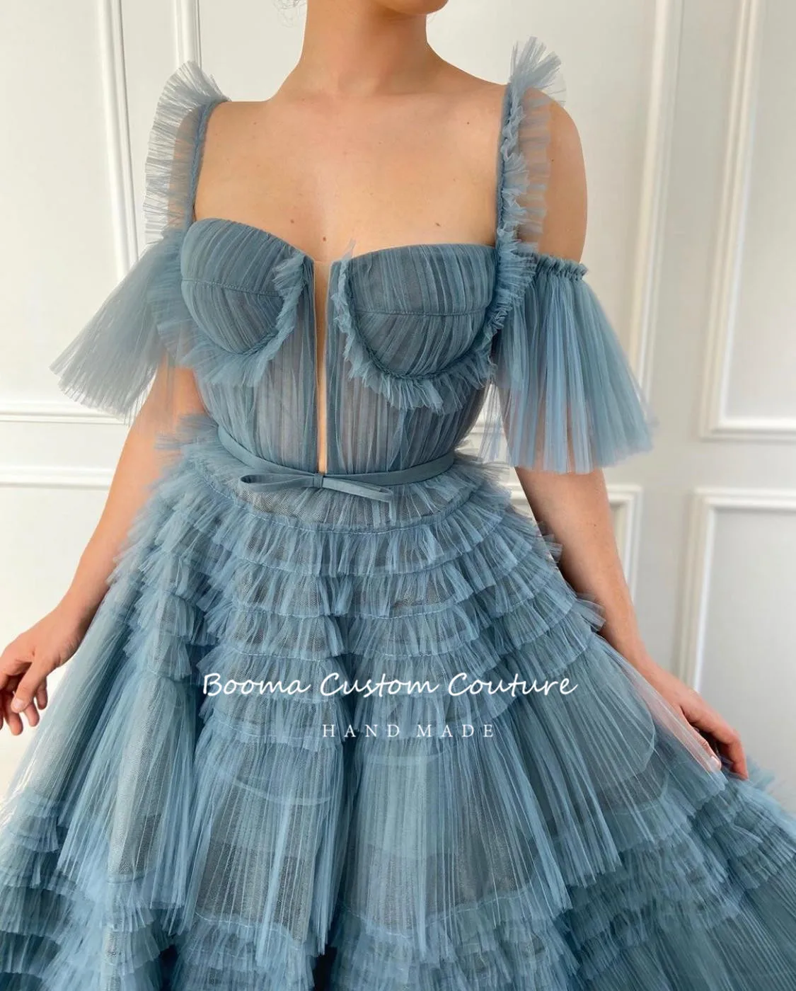 Booma Blue Long Prom Dresses Sweetheart Pleated Tulle Ruffles Evening Dresses Off Shoulder Tiered A-Line Formal Party Dresses