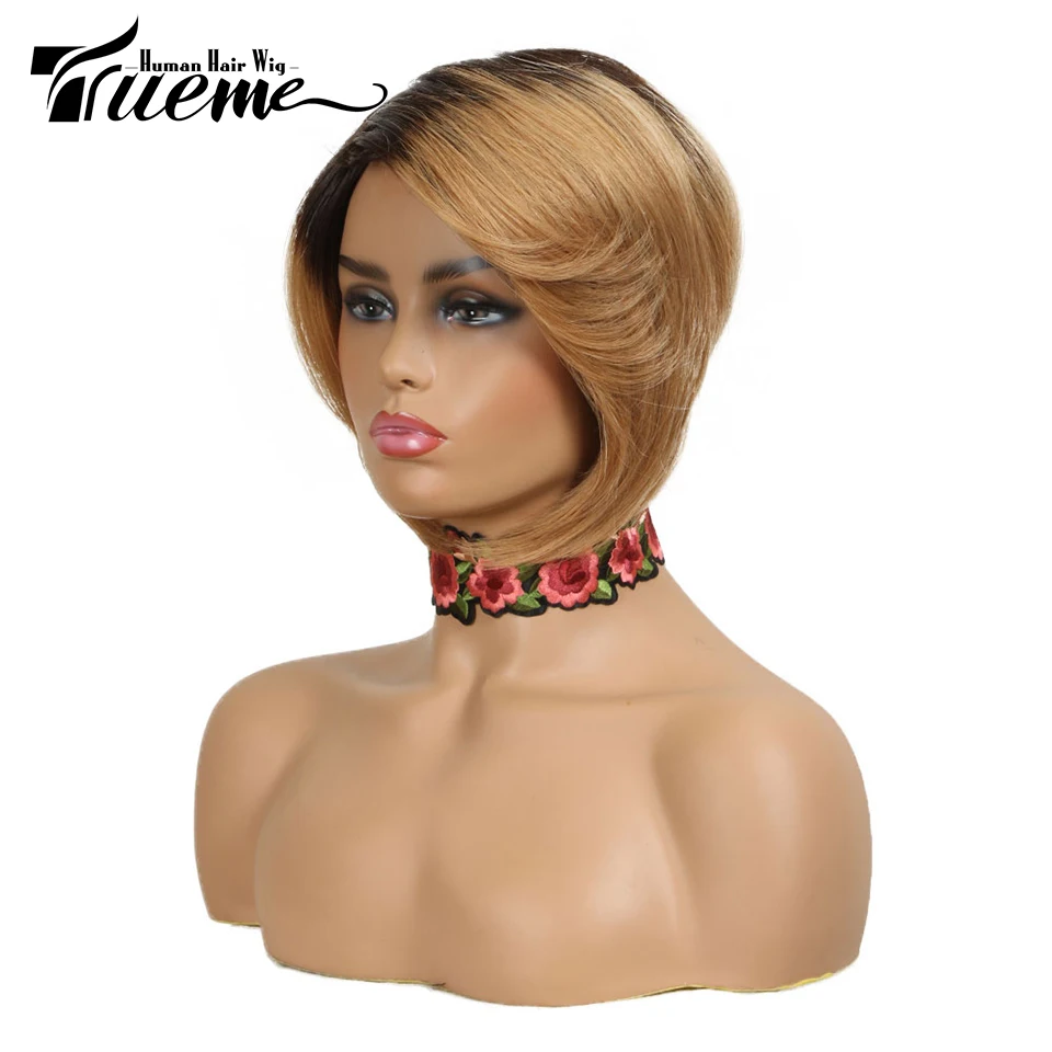 Trueme Pixie Cut Menselijk Haar Pruiken Ombre Blonde Korte Bob Pruik Voor Vrouwen Gekleurde Mode Braziliaanse Volledige Machine Pruik Met pony