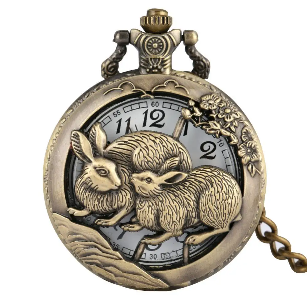 Bronze Pocket Watch Cute Rabbit Quartz Pocket Watch Colar Pingente Cadeia Relógio Unisex Presentes com Steampunk Acessório