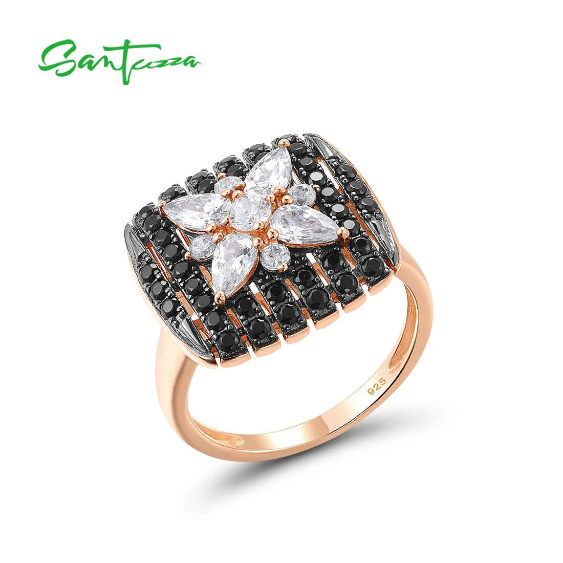 SANTUZZA Authentic 925 Sterling Silver Rings For Women Sparkling Black Spinel White CZ Star Ring Unique Stylish Fine Jewelry