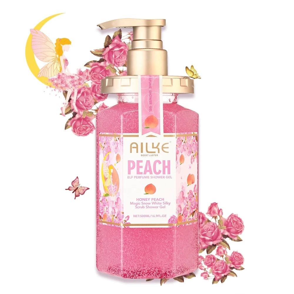 AILKE peach Shower gel women body wash care best Moisturizing Exfoliating  brightening Scrub fragrant Shampoo bath foam female