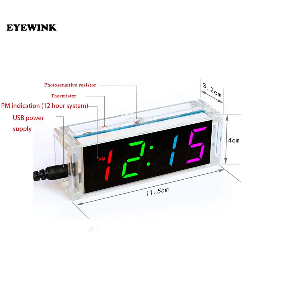 diy electronic clock kit 4 digital tube multicolor LED time week temperature date display with clear case cover diy sodering kit