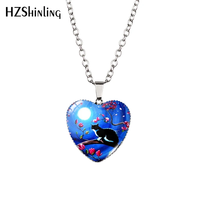 New Cats Silhouette Heart Necklace Black Cat and Moon Pendant Heart Shaped Jewelry Glass Heart Necklace HZ3