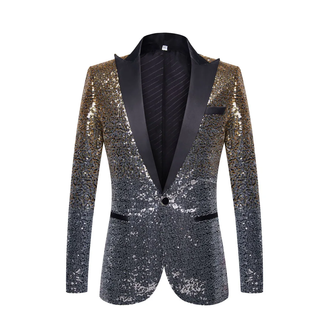 

Men's Golden Black Patchwork Sequin Blazer Gradient Color Singer Host Stage Tuxedo Suit Coat for Evening Party Performance