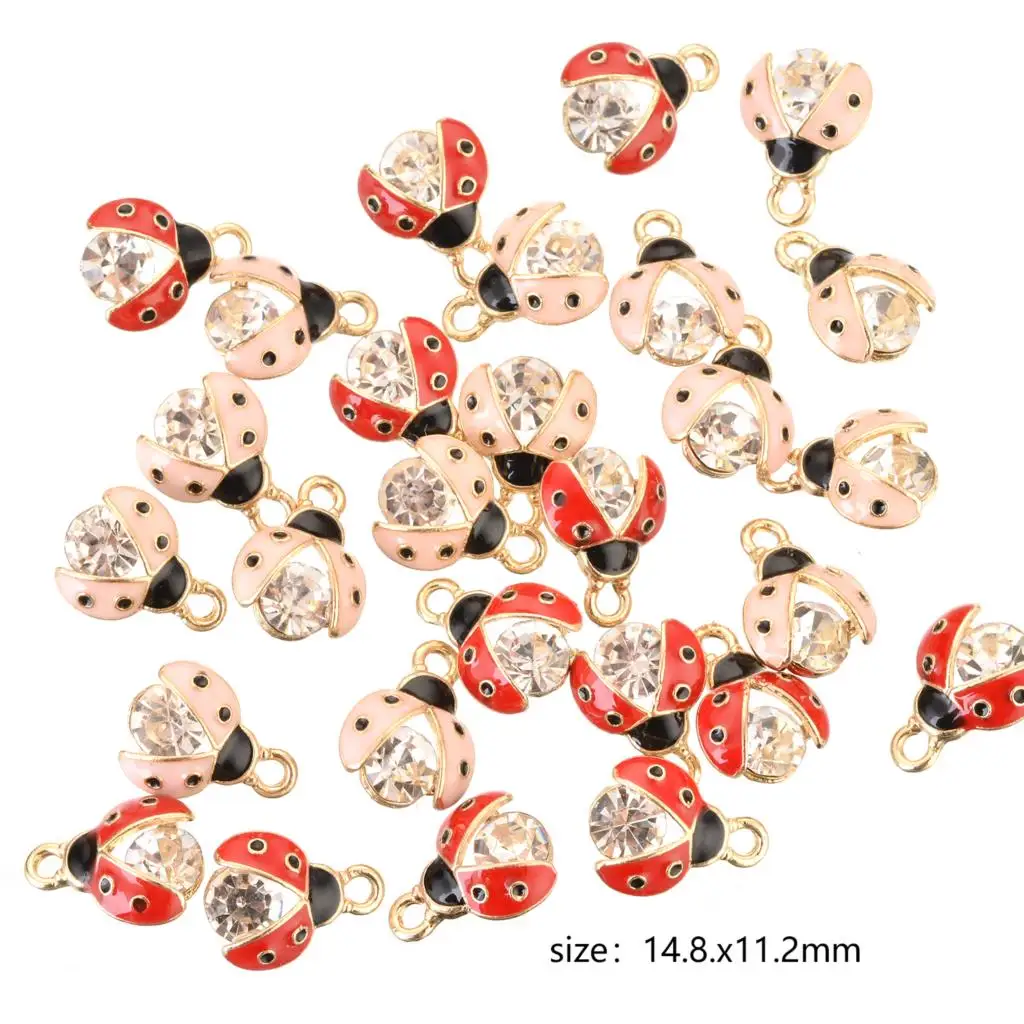 Cute Insect Charms Ladybug Animal Gold Color Metal Multicolor Rhinestone Pendants DIY Making Necklace Jewelry 15mm x 11mm,10PCs