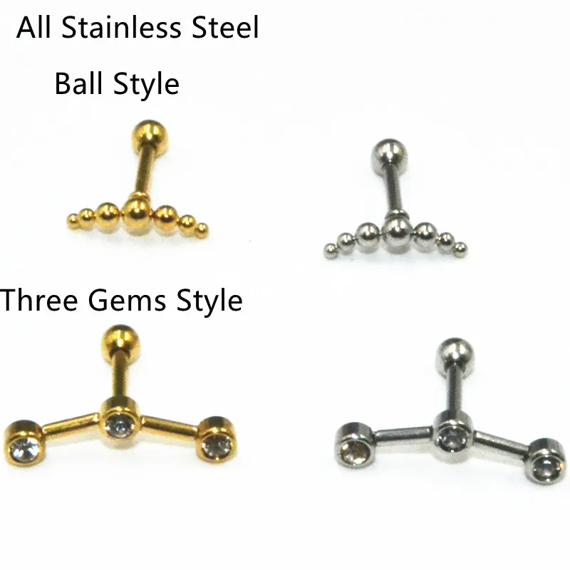 50pcs  Body Piercing  jewelry-  Simple Ball Three Gems Women/Men Earring Ear Studs Ear Helix Cartilage Bar Ear Piercing 16G