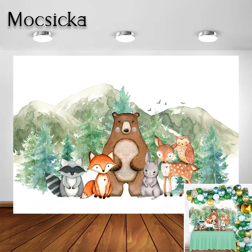 Mocsicka Woodland Backdrop Adventure Woodland Animal Baby Shower Background Green Forest Mountain Safari Theme Party Decor