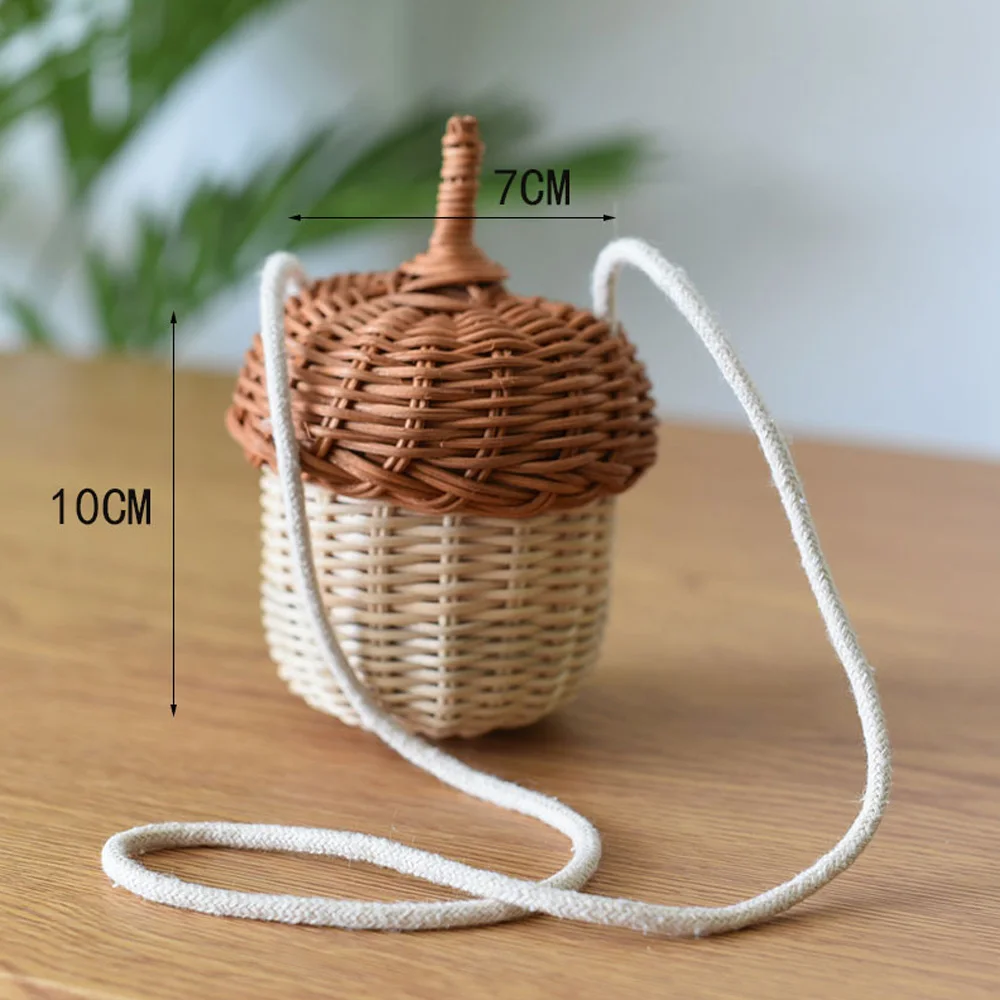 Acorn Shape Storage Basket Handwoven Round Rattan Bag Bucket Tropical Beach Style Woven Shoulder Bag Photo Props