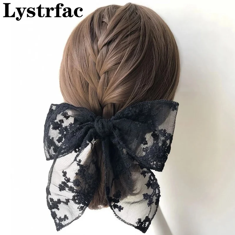 Lystrfac Fashion Black White Lace Bow Knot Scarf Decor Haiclips for Women Girls Hairpin Elegant Headwear Hair Accessories