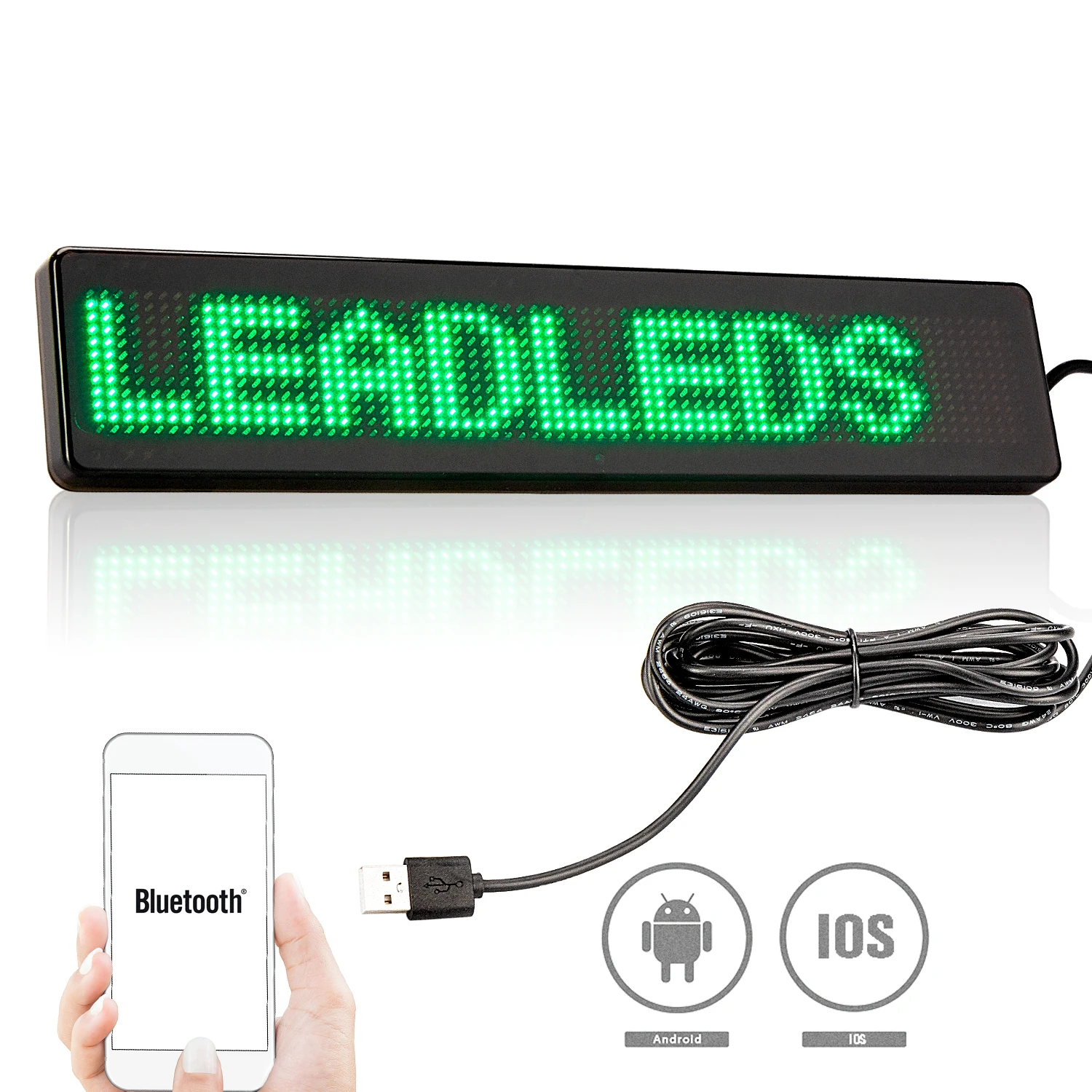 DC5V Car LED Display Bluetooth APP Control Programmable Message Board Green Text Multi-language Vehicle Led Screen 23CM