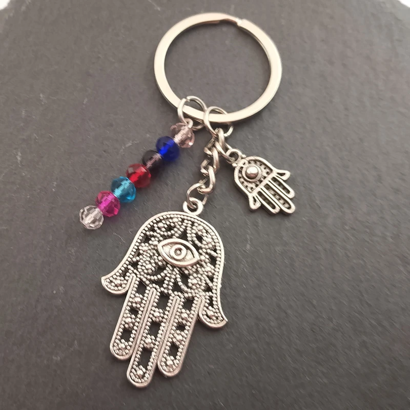 Hot Selling Key Chain Wholesale Retail Fashion Evil Eye Sliver Plated  Colorful beads keyring Hamsa Fatima Hand Alloy Keychain