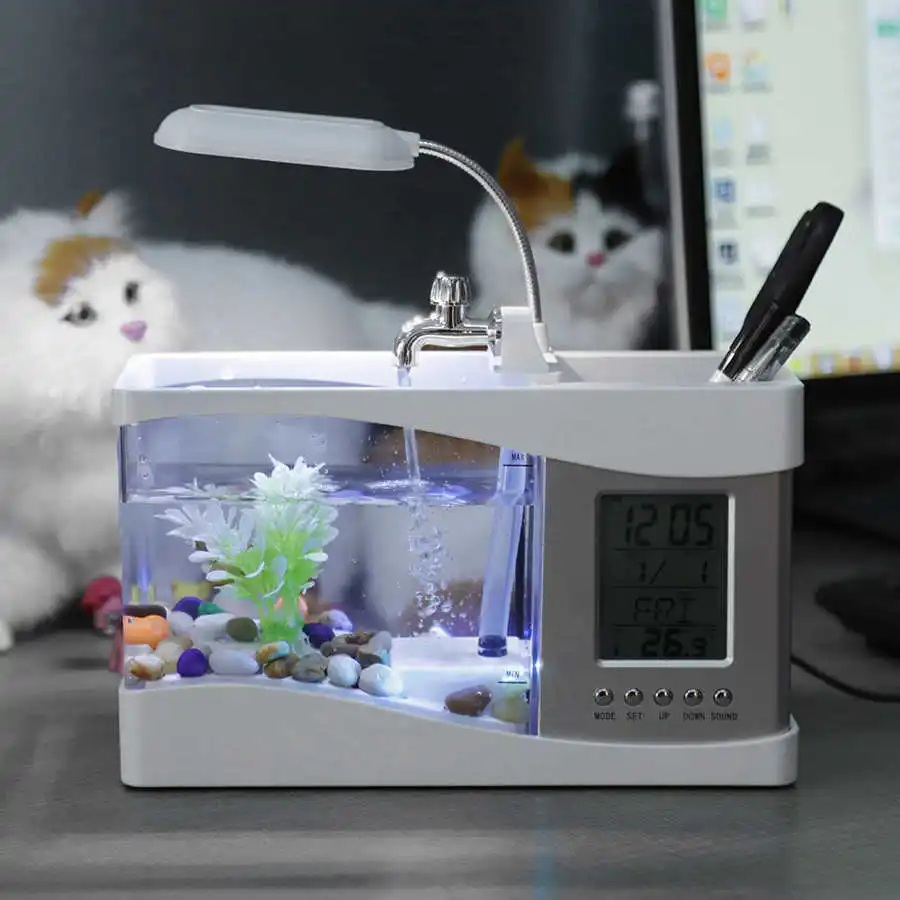 USB Rechargeable Mini Desktop Aquarium with LED & LCD Clock