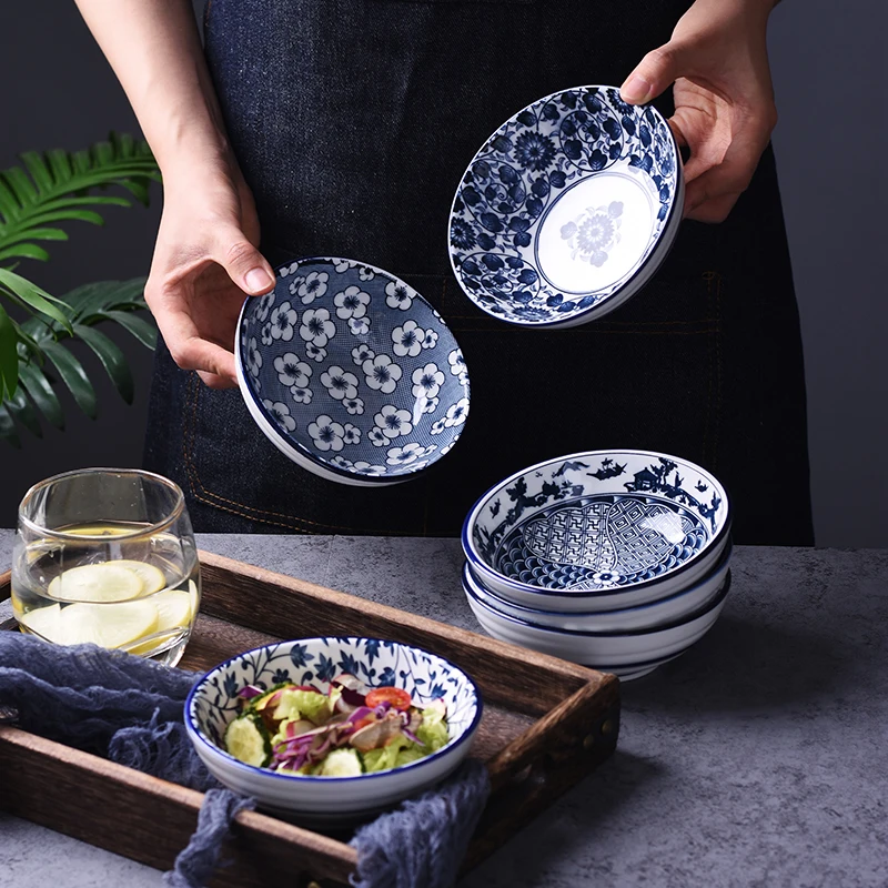 WHYOU-Japanese Ceramic Salad Rice Bowls, Japanese Classical Blue and White Kitchen Tableware, Household Restaurant Soup Noodle