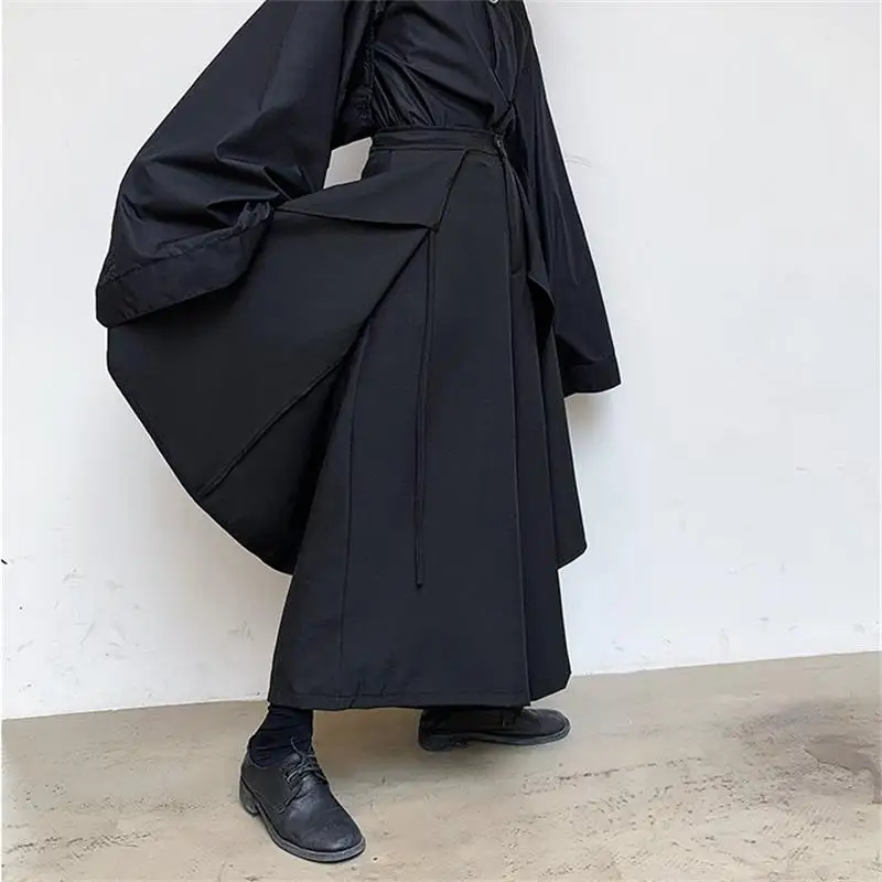 Men's trousers Spring and autumn loose wide leg trousers big bell bottom men's false two skirt trousers black Yamamoto style