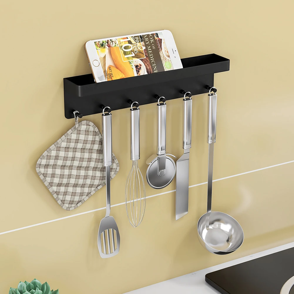 6 Hooks Wall Rack Shelf Modern Clothes Storage Rack Hook Towel Coat Hanger Key Chain Shelf Glove Storage Box Carbon Steel Black