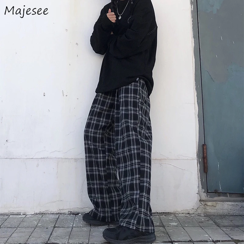 

Men Casual Pants Black-white Plaid Loose Wide Leg Mens Retro Chic Fashion Harajuku Streetwear All-match Couple Elastic Waist Ins